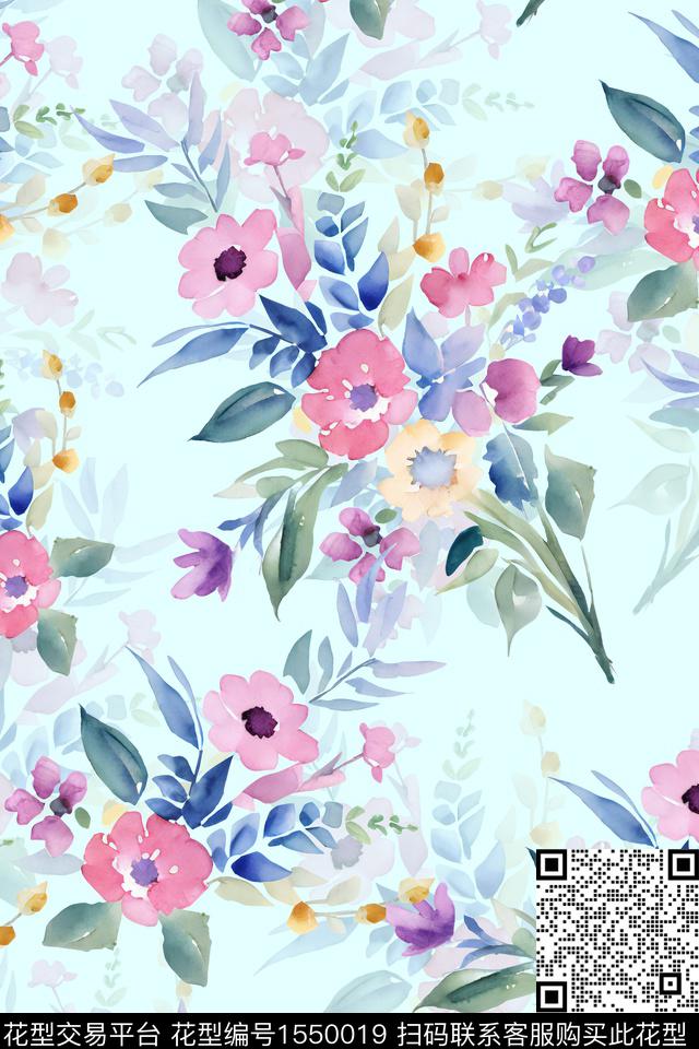 水彩花卉影花数码印花华亿平台下载（图片编号: 1550019） - 瓦栏（Walan）