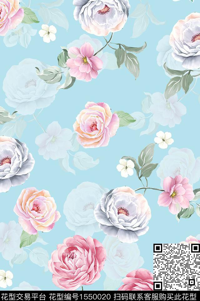 小清新水彩影花数码印花华亿平台下载（图片编号: 1550020） - 瓦栏（Walan）