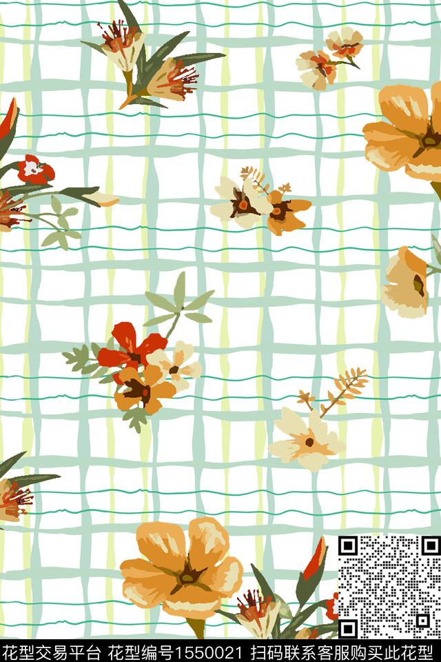 线条格子花卉数码印花华亿平台下载（图片编号: 1550021） - 瓦栏（Walan）
