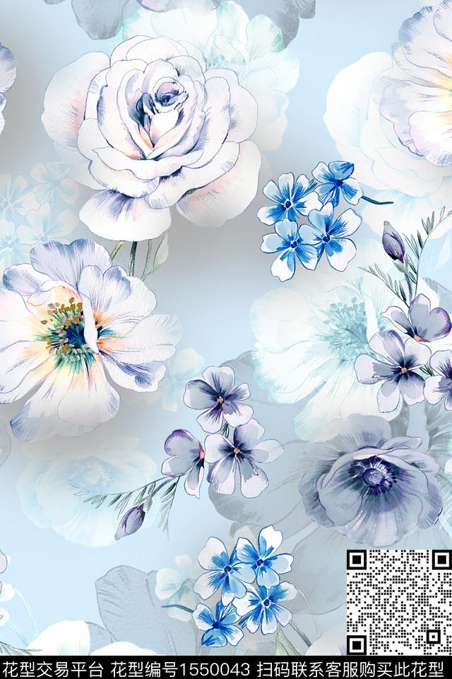 水彩花卉大花数码印花华亿平台下载（图片编号: 1550043） - 瓦栏（Walan）