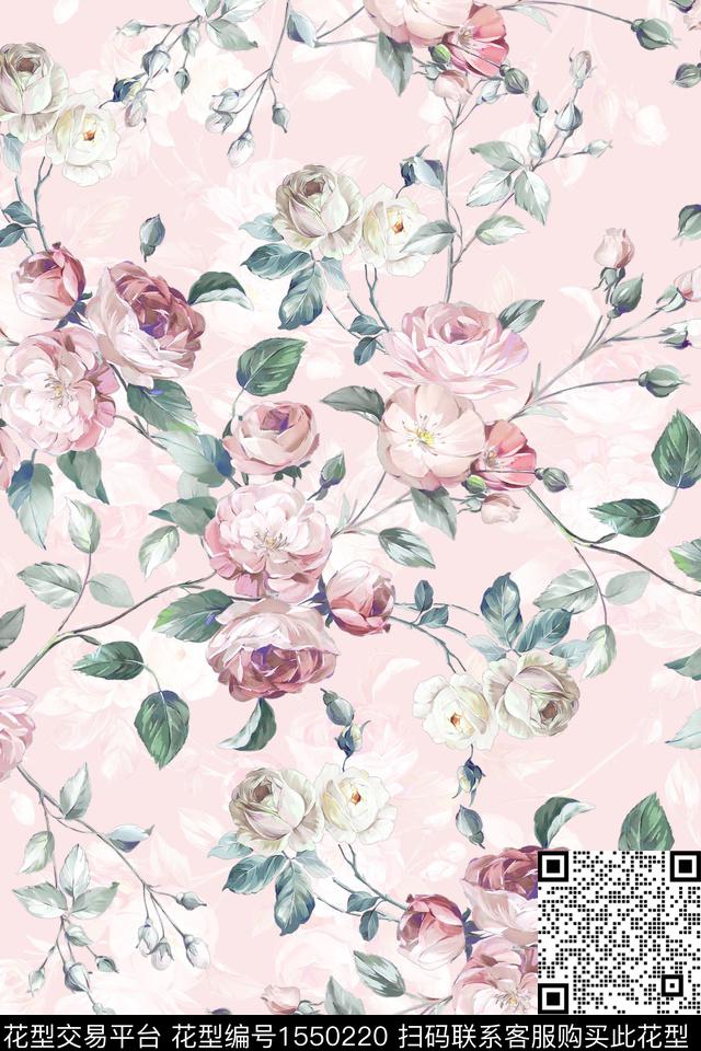 手绘花卉影花女装数码印花华亿平台下载（图片编号: 1550220） - 瓦栏（Walan）