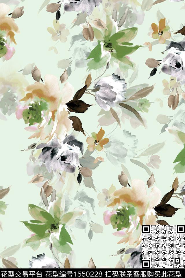 水彩花卉影花数码印花华亿平台下载（图片编号: 1550228） - 瓦栏（Walan）