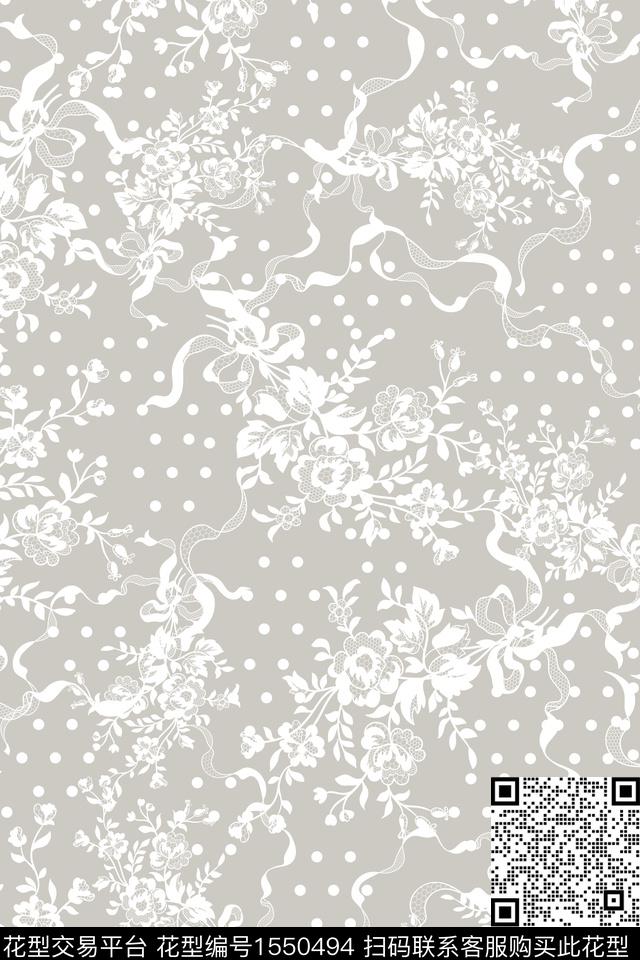 波点丝带花卉数码印花华亿平台下载（图片编号: 1550494） - 瓦栏（Walan）