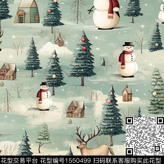 雪人树木雪景数码印花华亿平台下载（图片编号: 1550499） - 瓦栏（Walan）