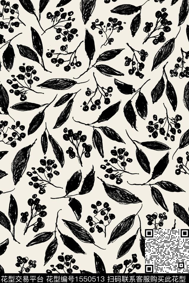 绿植树叶花卉黑白华亿平台传统印花华亿平台下载（图片编号: 1550513） - 瓦栏（Walan）