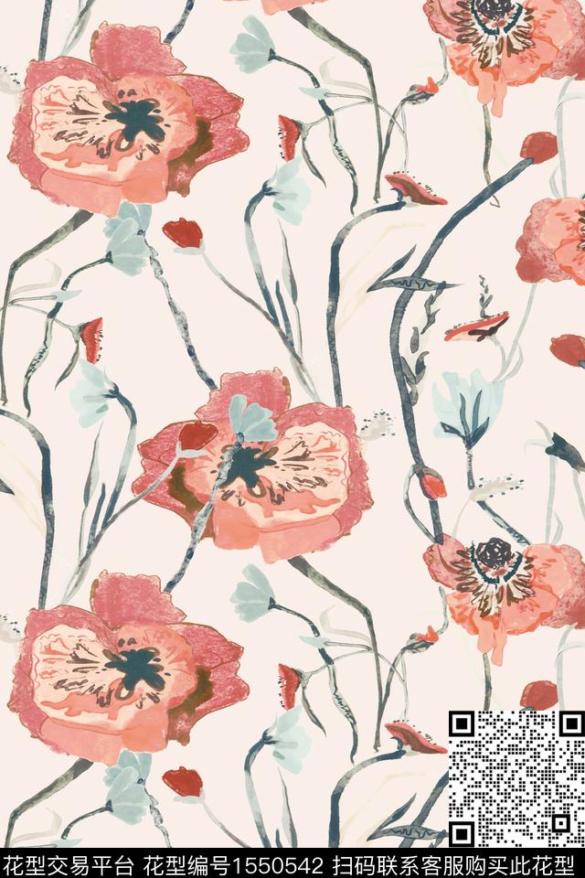 花卉手绘水彩数码印花华亿平台下载（图片编号: 1550542） - 瓦栏（Walan）