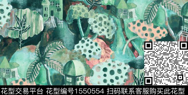 水彩风景房屋数码印花华亿平台下载（图片编号: 1550554） - 瓦栏（Walan）