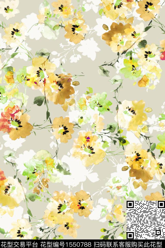 水彩花卉剪影数码印花华亿平台下载（图片编号: 1550788） - 瓦栏（Walan）