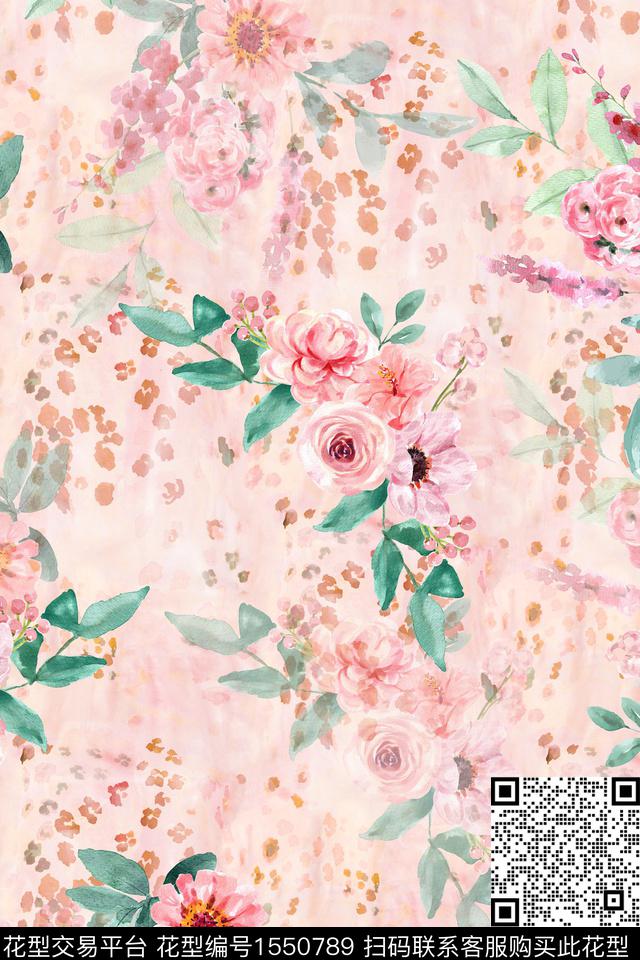 花卉水彩豹纹数码印花华亿平台下载（图片编号: 1550789） - 瓦栏（Walan）