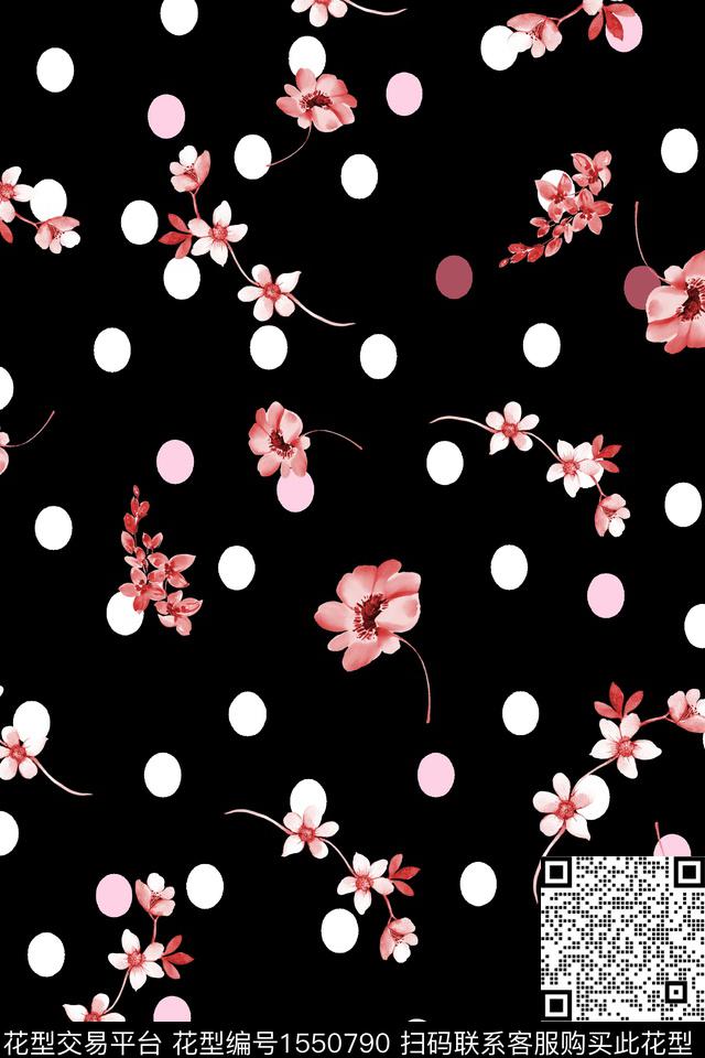 波点小碎花黑底花卉数码印花华亿平台下载（图片编号: 1550790） - 瓦栏（Walan）