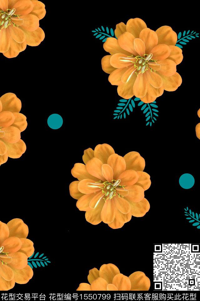 大花黑底花卉花卉数码印花华亿平台下载（图片编号: 1550799） - 瓦栏（Walan）