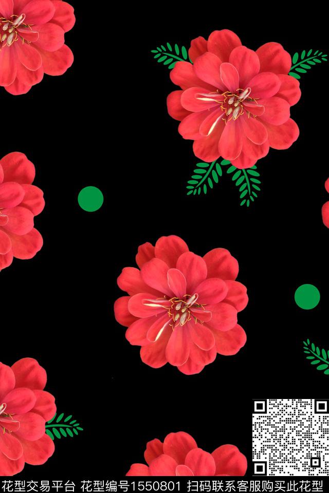 大花黑底花卉花卉数码印花华亿平台下载（图片编号: 1550801） - 瓦栏（Walan）