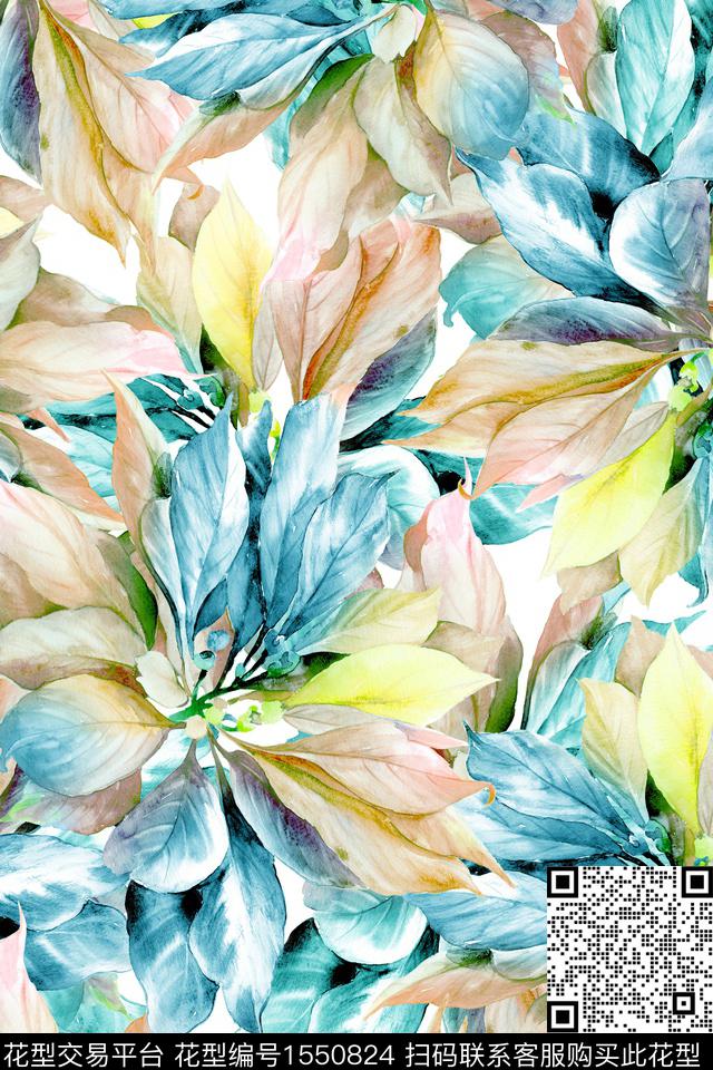 叶子水彩花卉数码印花华亿平台下载（图片编号: 1550824） - 瓦栏（Walan）