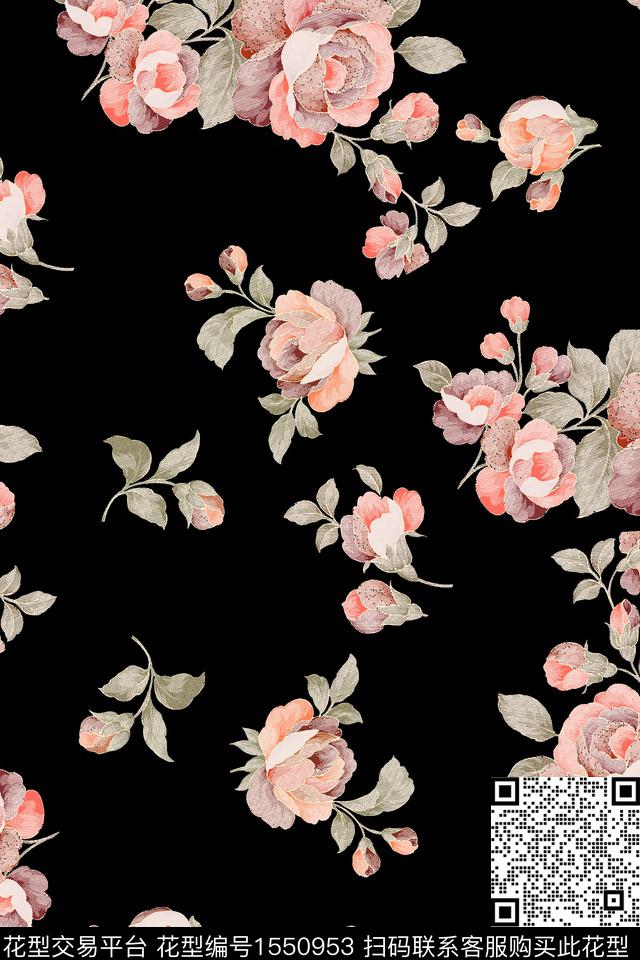 黑底花卉花卉格子数码印花华亿平台下载（图片编号: 1550953） - 瓦栏（Walan）