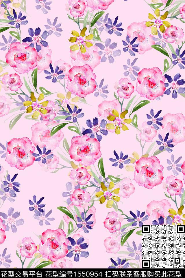 水彩影花满版散花数码印花华亿平台下载（图片编号: 1550954） - 瓦栏（Walan）