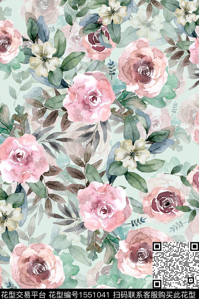 水彩满版散花花卉数码印花华亿平台下载（图片编号: 1551041） - 瓦栏（Walan）