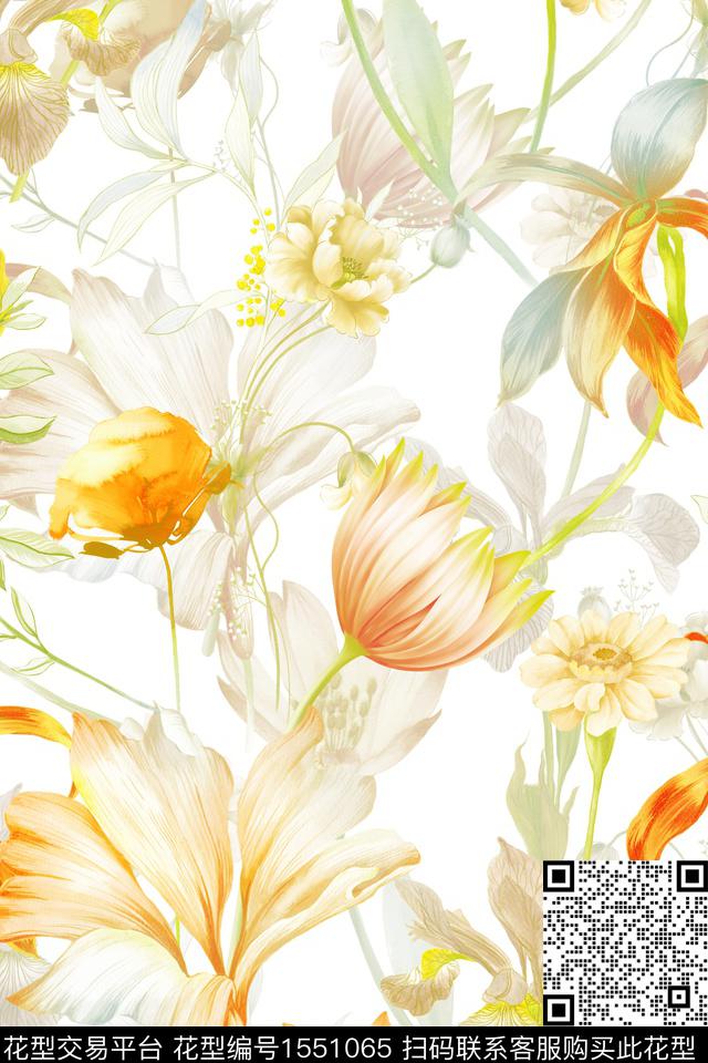 水彩影花花卉数码印花华亿平台下载（图片编号: 1551065） - 瓦栏（Walan）