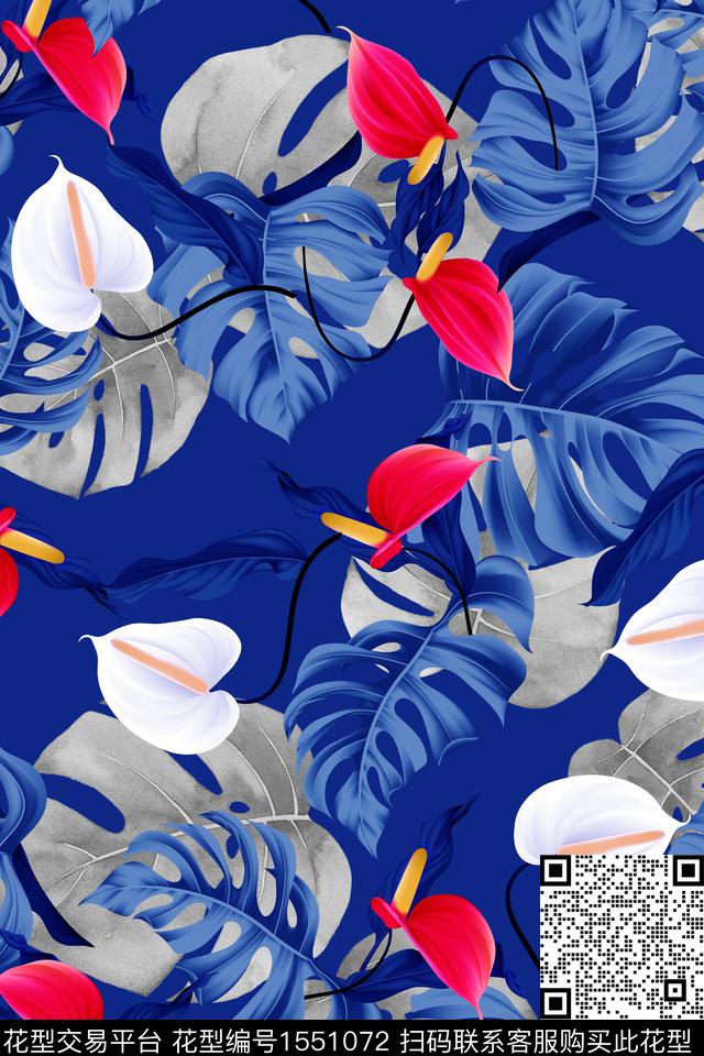 热带叶子花卉马蹄莲数码印花华亿平台下载（图片编号: 1551072） - 瓦栏（Walan）