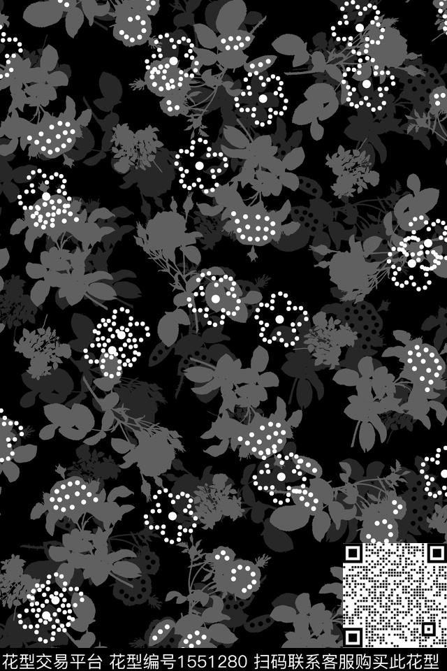 花卉剪影波点数码印花华亿平台下载（图片编号: 1551280） - 瓦栏（Walan）