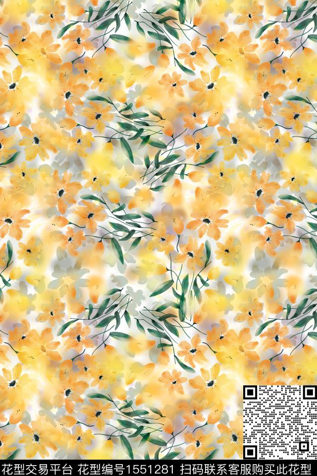 水彩满版散花花卉数码印花华亿平台下载（图片编号: 1551281） - 瓦栏（Walan）