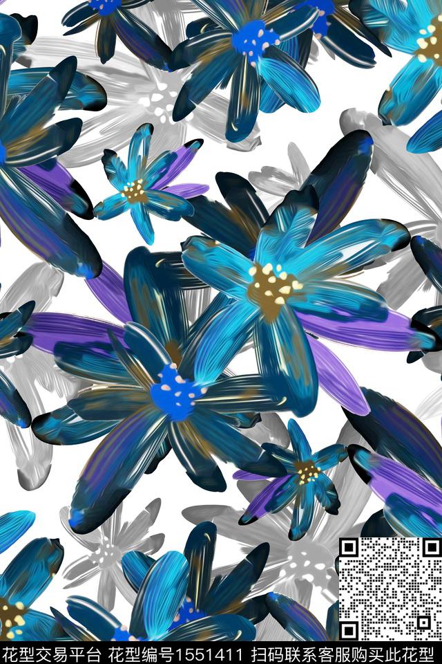 花卉抽象花卉笔触数码印花华亿平台下载（图片编号: 1551411） - 瓦栏（Walan）