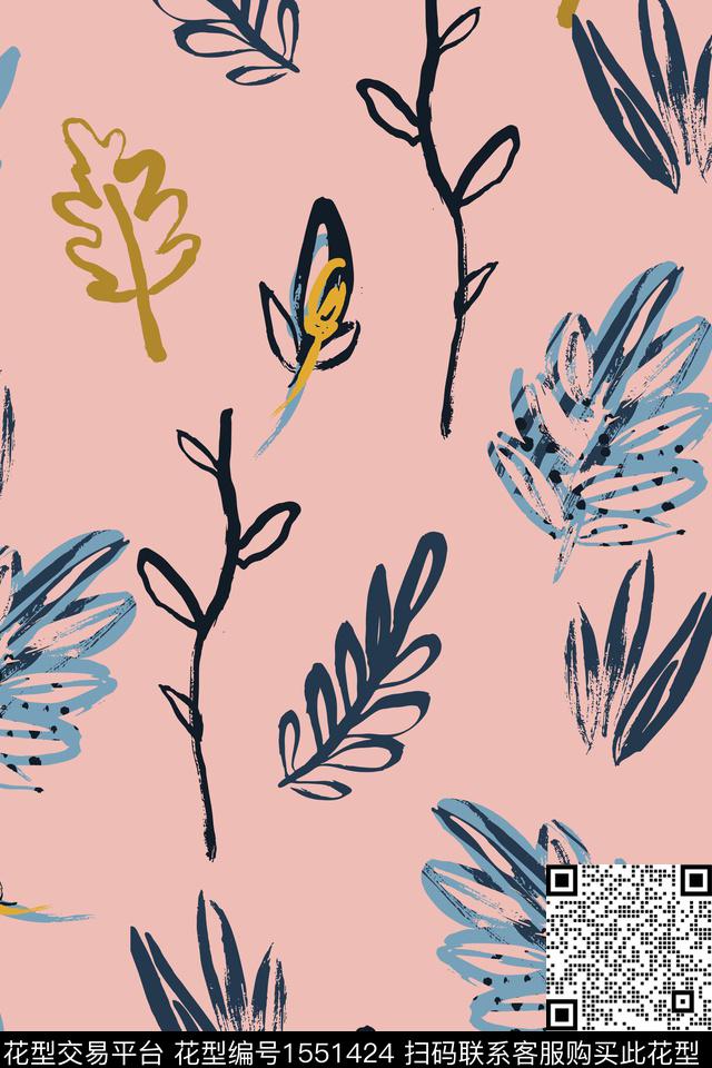 叶子笔触抽象花卉数码印花华亿平台下载（图片编号: 1551424） - 瓦栏（Walan）