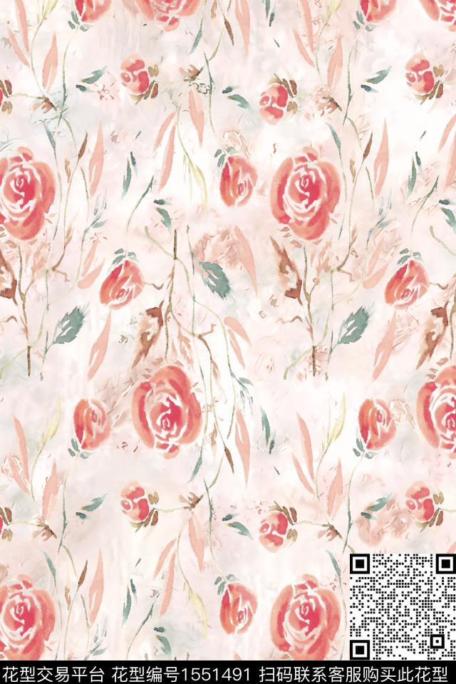 花卉水彩满版散花数码印花华亿平台下载（图片编号: 1551491） - 瓦栏（Walan）
