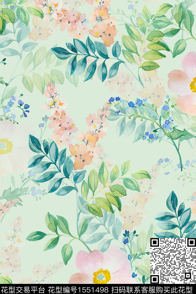 花卉水彩满版散花数码印花华亿平台下载（图片编号: 1551498） - 瓦栏（Walan）