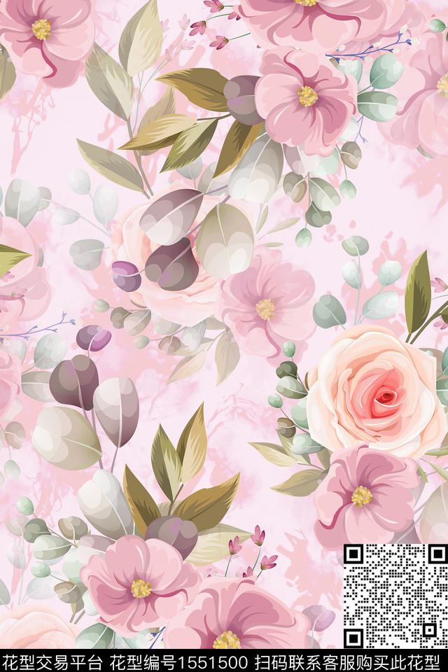 花卉满版散花女装数码印花华亿平台下载（图片编号: 1551500） - 瓦栏（Walan）