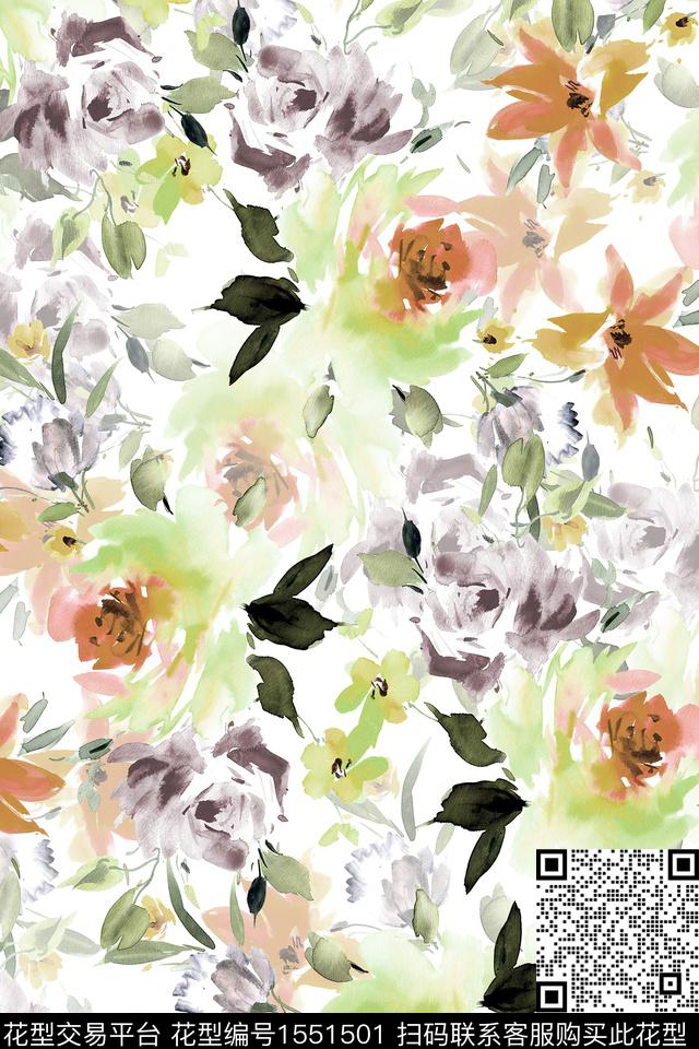 花卉水彩满版散花数码印花华亿平台下载（图片编号: 1551501） - 瓦栏（Walan）