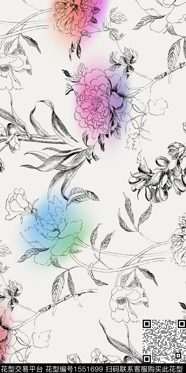 花卉炫彩工笔画数码印花华亿平台下载（图片编号: 1551699） - 瓦栏（Walan）