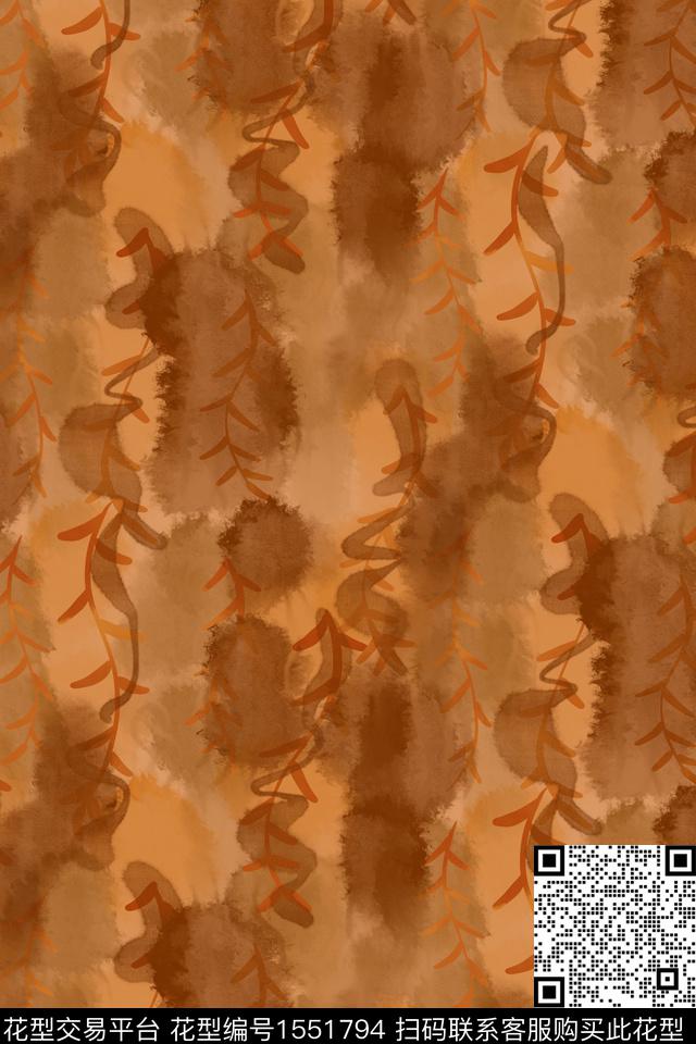 复古水墨风绿植树叶数码印花华亿平台下载（图片编号: 1551794） - 瓦栏（Walan）