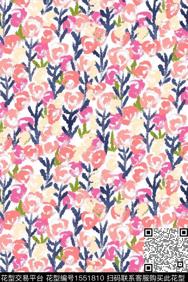 年轻女装满版散花花卉数码印花华亿平台下载（图片编号: 1551810） - 瓦栏（Walan）