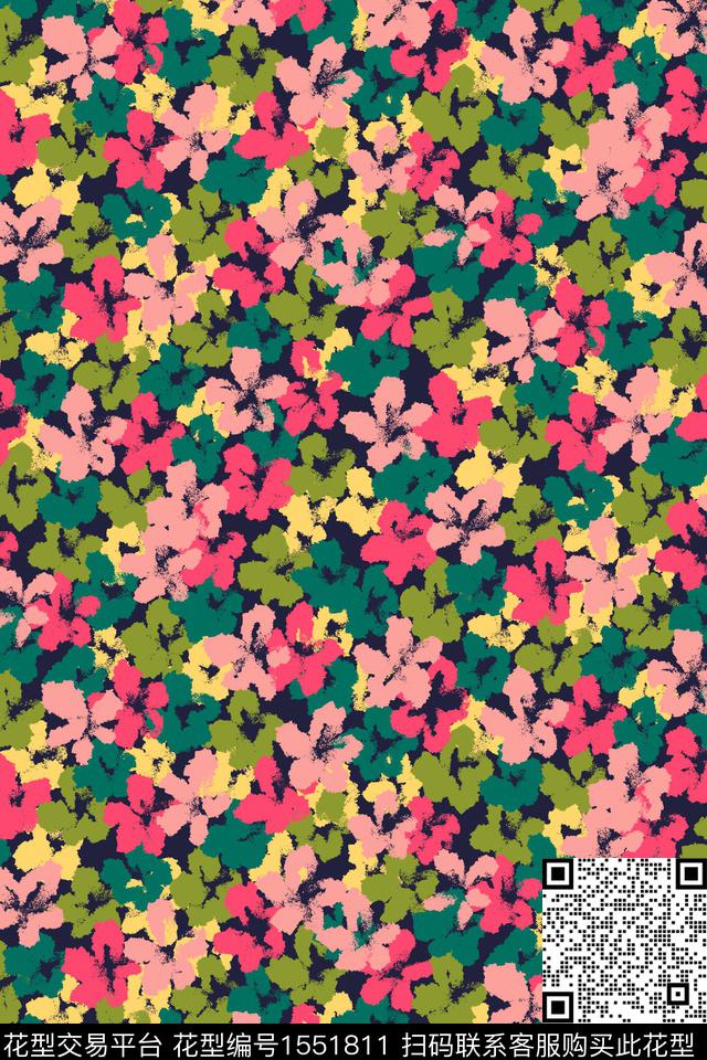 黑底花卉满版散花花卉数码印花华亿平台下载（图片编号: 1551811） - 瓦栏（Walan）