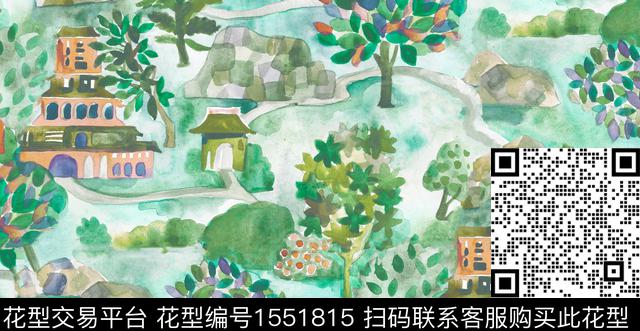 水彩房屋树木数码印花华亿平台下载（图片编号: 1551815） - 瓦栏（Walan）