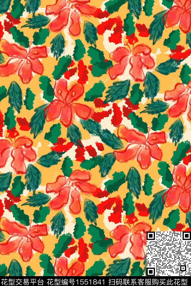 满版散花花卉水彩数码印花华亿平台下载（图片编号: 1551841） - 瓦栏（Walan）