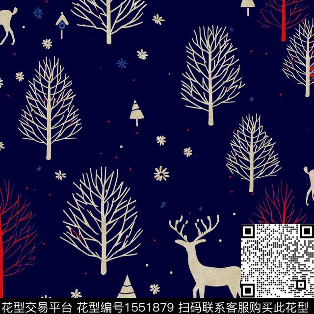 趣味驯鹿树数码印花华亿平台下载（图片编号: 1551879） - 瓦栏（Walan）