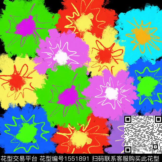 涂鸦黑底花卉抽象花卉数码印花华亿平台下载（图片编号: 1551891） - 瓦栏（Walan）