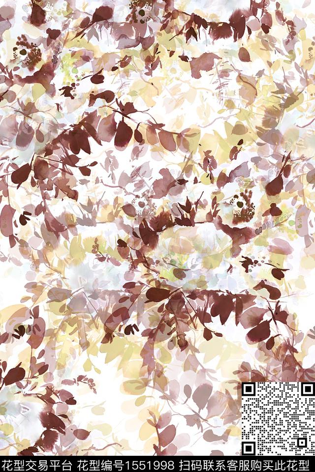 抽象水彩叶子数码印花华亿平台下载（图片编号: 1551998） - 瓦栏（Walan）