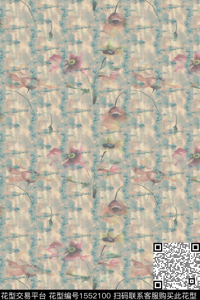 花卉水彩肌理数码印花华亿平台下载（图片编号: 1552100） - 瓦栏（Walan）