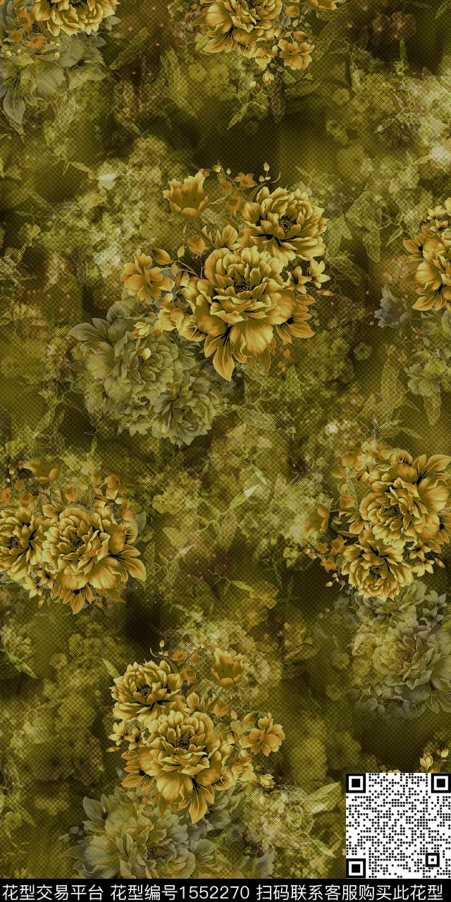 网格香云纱花卉数码印花华亿平台下载（图片编号: 1552270） - 瓦栏（Walan）