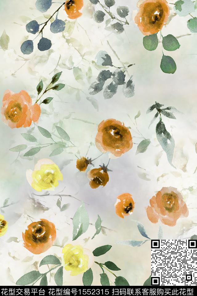 水彩满版散花花卉数码印花华亿平台下载（图片编号: 1552315） - 瓦栏（Walan）