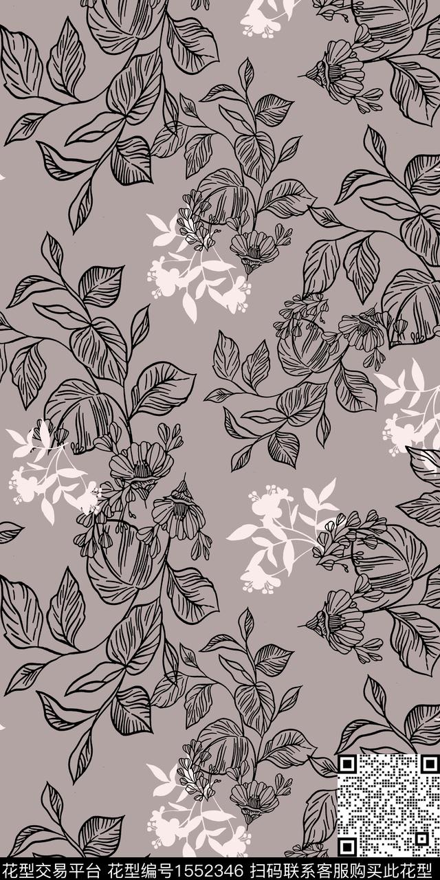 剪影线条花花卉传统印花华亿平台下载（图片编号: 1552346） - 瓦栏（Walan）