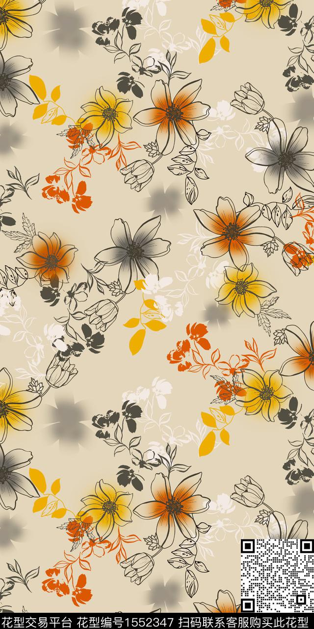 线条花花卉矢量数码印花华亿平台下载（图片编号: 1552347） - 瓦栏（Walan）