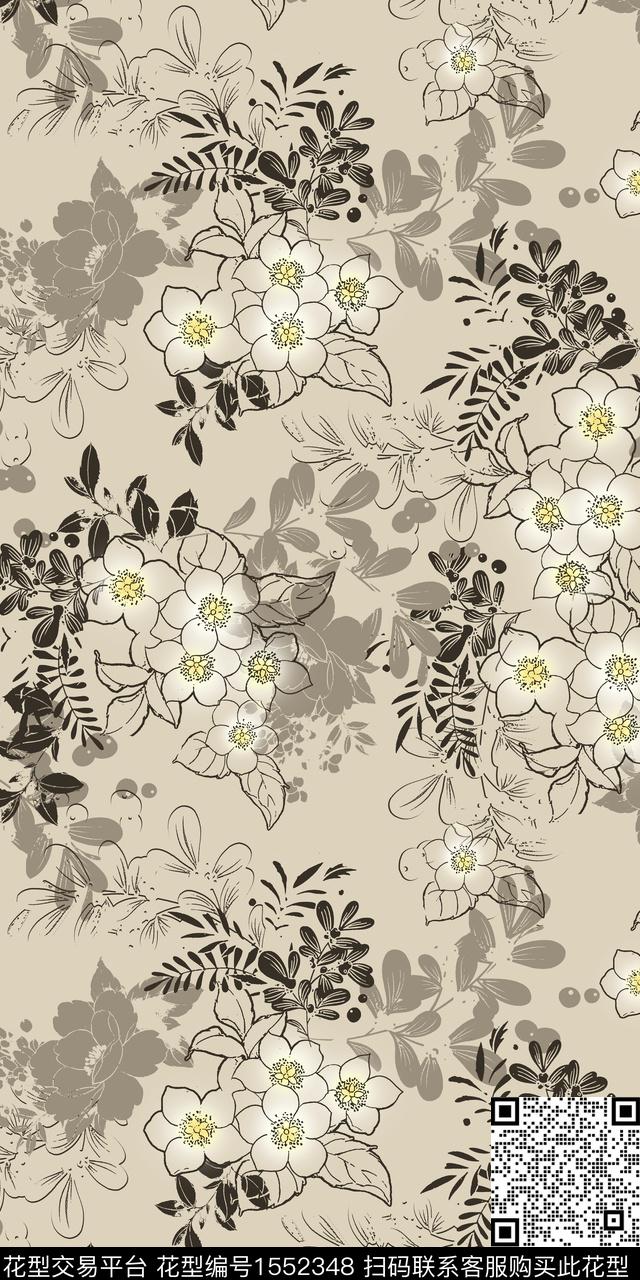 剪影线条花花卉数码印花华亿平台下载（图片编号: 1552348） - 瓦栏（Walan）