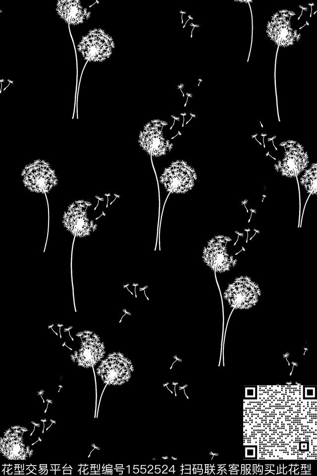 蒲公英黑底花卉花卉数码印花华亿平台下载（图片编号: 1552524） - 瓦栏（Walan）