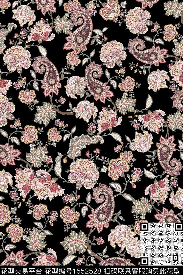 佩斯利民族花卉黑底数码印花华亿平台下载（图片编号: 1552528） - 瓦栏（Walan）