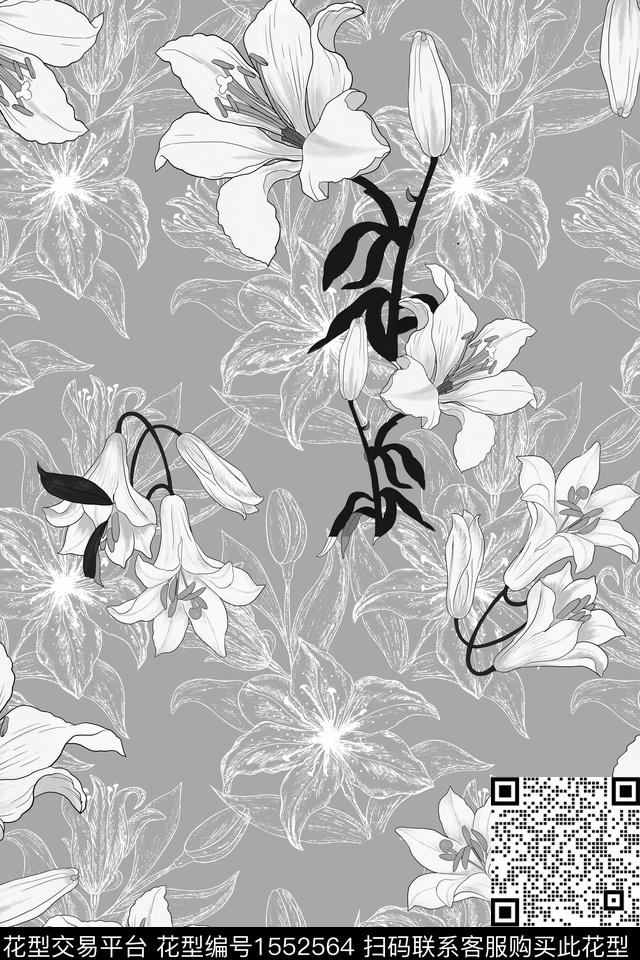花卉百合花线条花数码印花华亿平台下载（图片编号: 1552564） - 瓦栏（Walan）