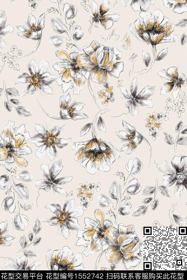 手绘花卉线条花卉水彩花卉数码印花华亿平台下载（图片编号: 1552742） - 瓦栏（Walan）