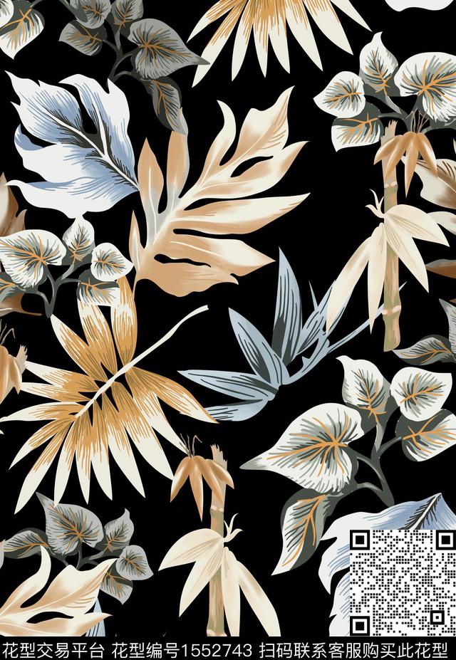 热带华亿平台绿植树叶手绘叶子数码印花华亿平台下载（图片编号: 1552743） - 瓦栏（Walan）